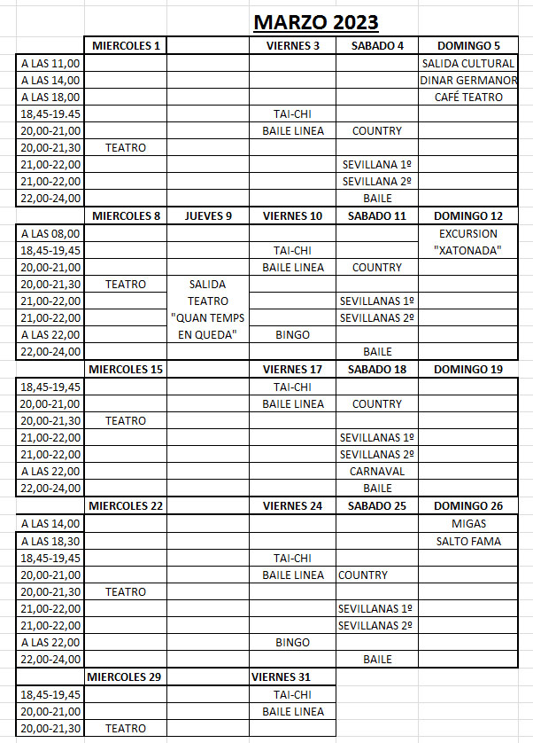 Calendari d'activitats del mes en curs